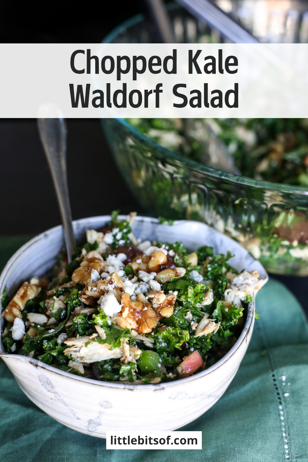 Crisp chopped kale Waldorf salad with apples, walnuts, and a tangy dressing. A healthy twist on the classic recipe!