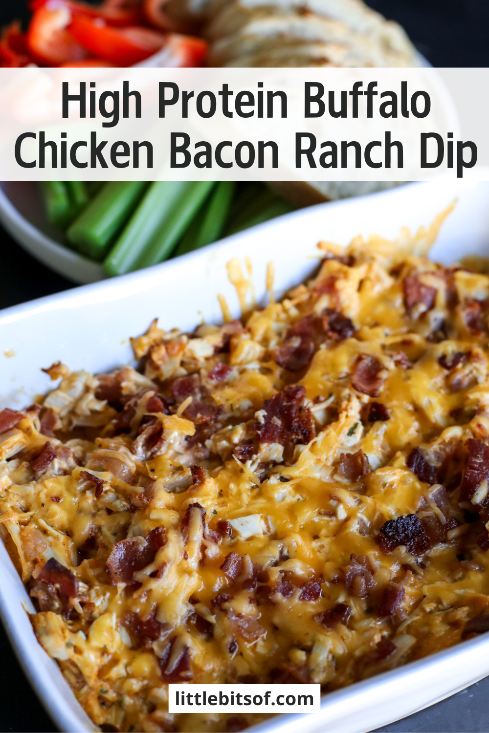 This High Protein Buffalo Chicken Bacon Ranch Dip is the perfect game day snack! Packed with flavor and protein, it's low-carb and keto-friendly.