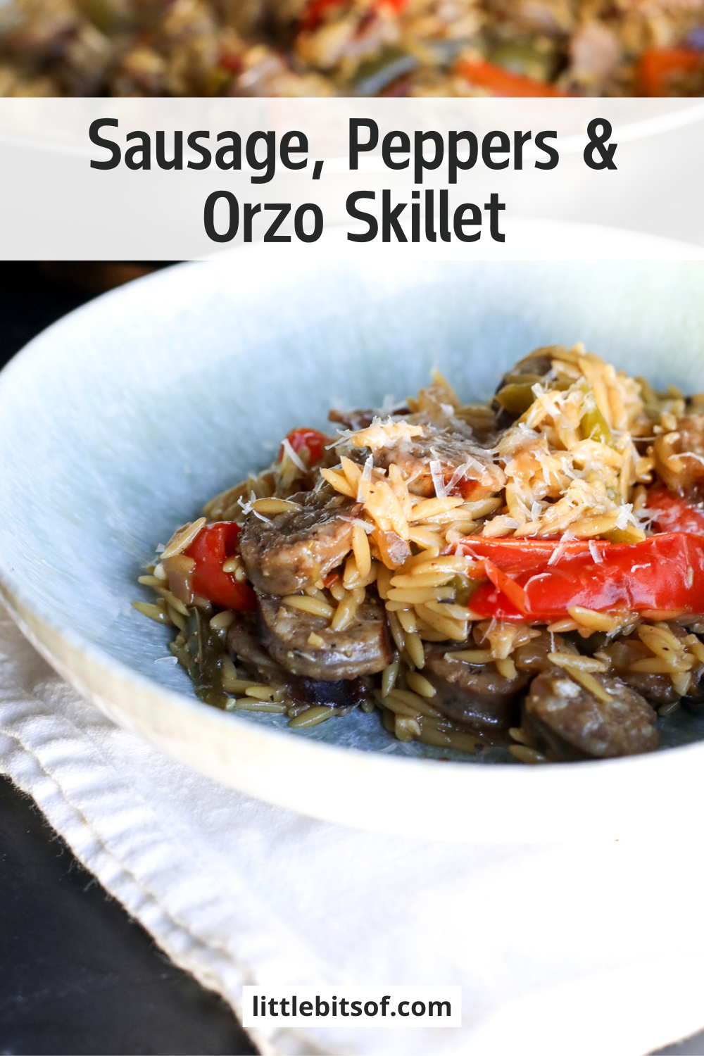 Sausage, Peppers & Orzo Skillet Recipe: Quick, easy, and delicious one-pan meal. Perfect for dinner on busy weeknights!