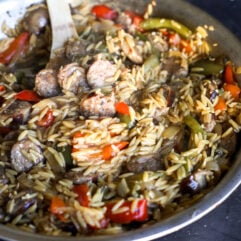 Sausage, Peppers & Orzo Skillet Recipe: Quick, easy, and delicious one-pan meal. Perfect for dinner on busy weeknights!
