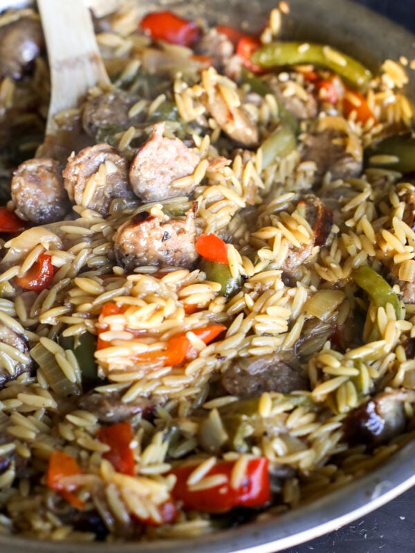 Sausage, Peppers & Orzo Skillet Recipe: Quick, easy, and delicious one-pan meal. Perfect for dinner on busy weeknights!