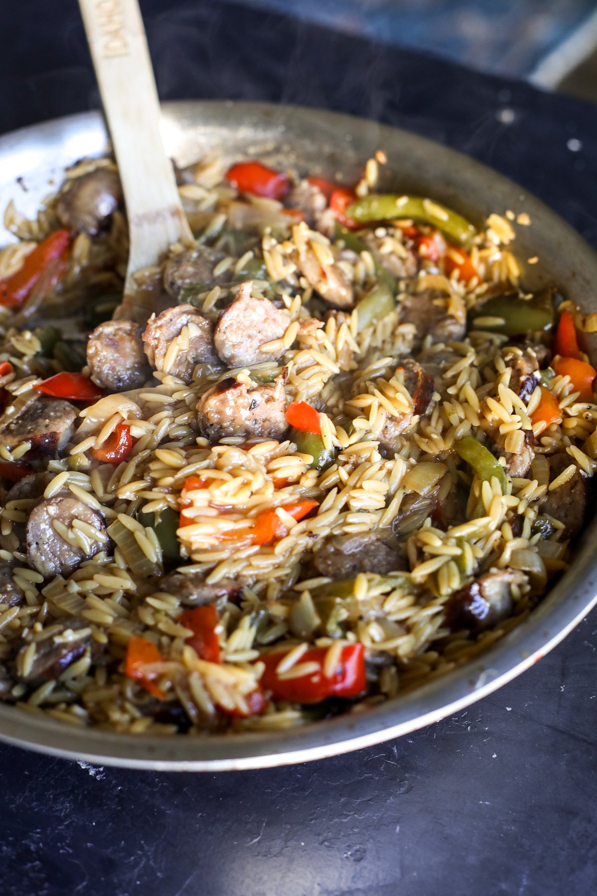 Sausage, Peppers & Orzo Skillet Recipe: Quick, easy, and delicious one-pan meal. Perfect for dinner on busy weeknights!