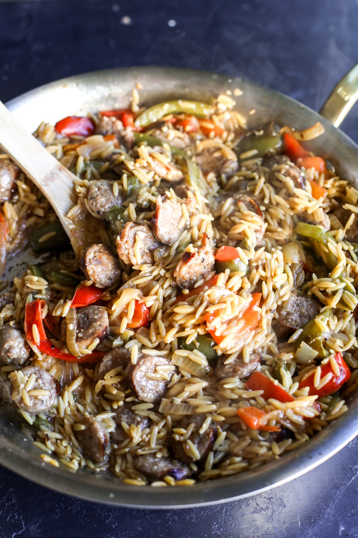 Sausage, Peppers & Orzo Skillet Recipe: Quick, easy, and delicious one-pan meal. Perfect for dinner on busy weeknights!