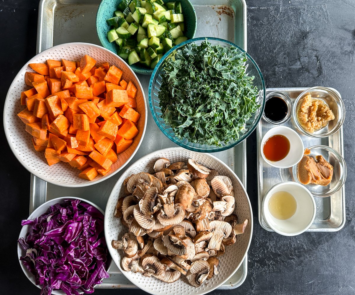 Miso Mushroom & Sweet Potato Salad: Sweet, savory, & satisfying. Simple recipe for a delicious, healthy meal.