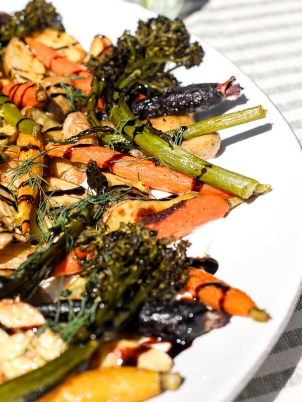 Roasted Vegetable Recipe: Healthy potatoes, carrots, broccolini over whipped lemon goat cheese. Quick & flavorful.