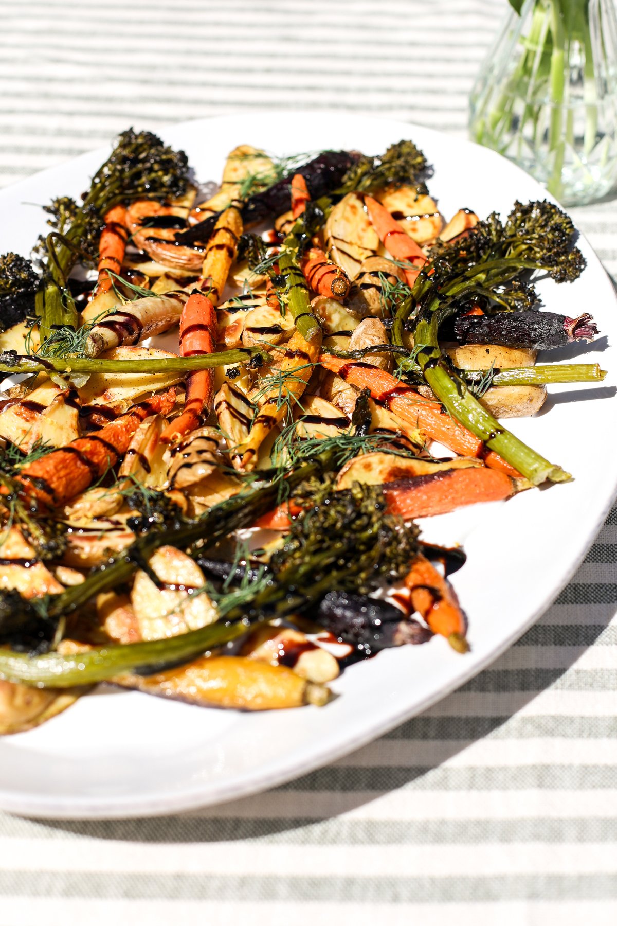 Roasted Vegetable Recipe: Healthy potatoes, carrots, broccolini over whipped lemon goat cheese. Quick & flavorful.