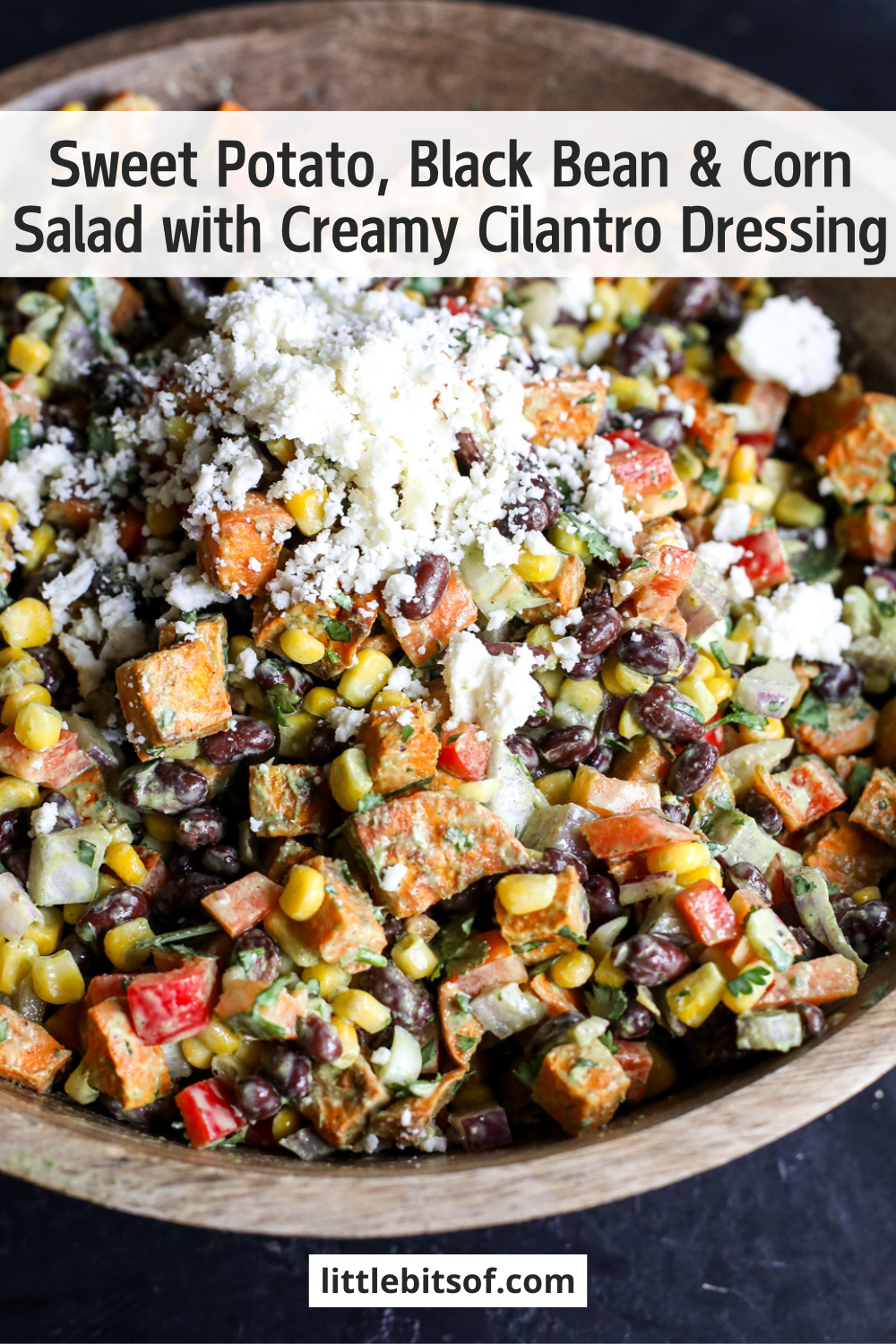 Flavorful Sweet Potato, Black Bean & Corn Salad with a creamy cilantro dressing. Easy, healthy & perfect for a side or light meal!
