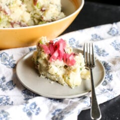 Creamy & flavorful Perfect Ranch Potato Salad recipe! Easy to make with red potatoes, celery, dill, and tangy red wine vinegar. A crowd-pleasing side!