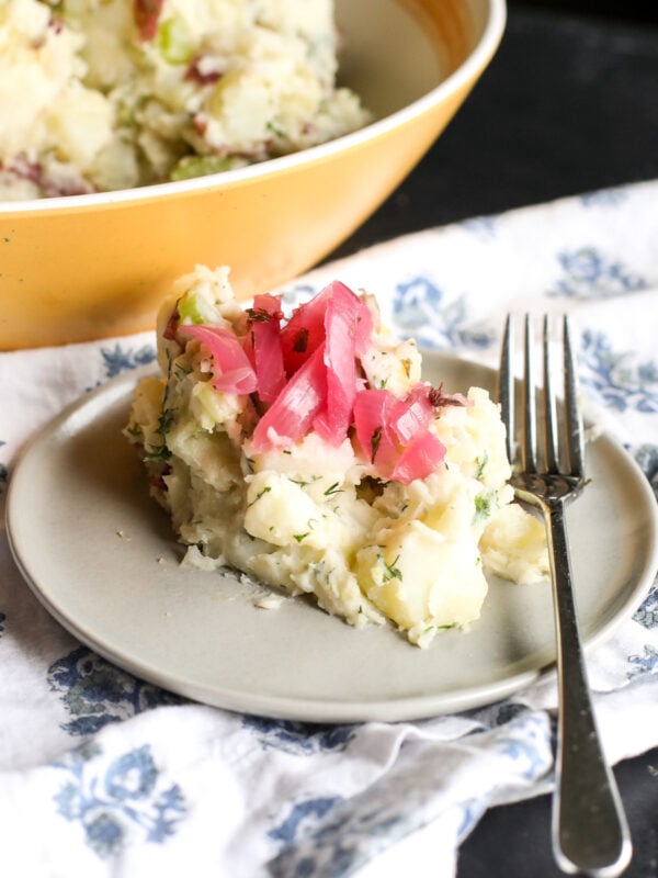 Creamy & flavorful Perfect Ranch Potato Salad recipe! Easy to make with red potatoes, celery, dill, and tangy red wine vinegar. A crowd-pleasing side!