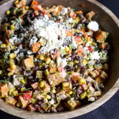 Flavorful Sweet Potato, Black Bean & Corn Salad with a creamy cilantro dressing. Easy, healthy & perfect for a side or light meal!