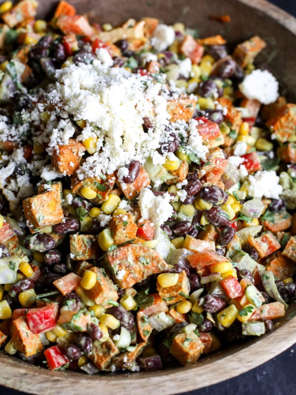 Flavorful Sweet Potato, Black Bean & Corn Salad with a creamy cilantro dressing. Easy, healthy & perfect for a side or light meal!