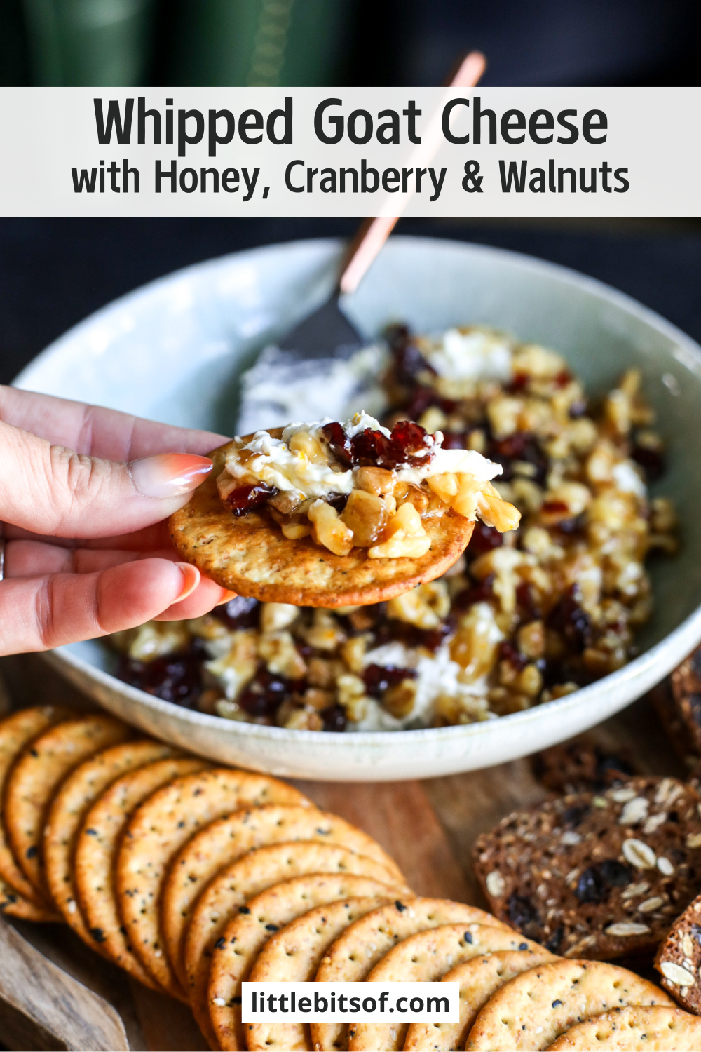 Indulge in this creamy, sweet & savory whipped goat cheese dip! Topped with a warm honey, cranberry, and walnut crunch.
