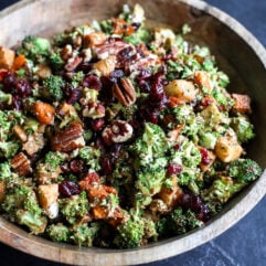 A perfect fall-inspired salad featuring roasted sweet potatoes, crunchy broccoli, and a tangy, creamy maple balsamic dressing.