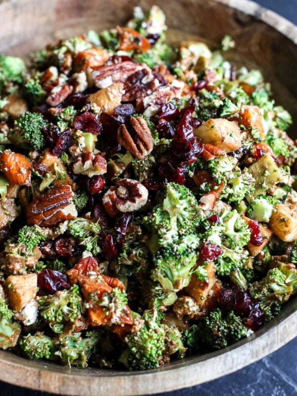 A perfect fall-inspired salad featuring roasted sweet potatoes, crunchy broccoli, and a tangy, creamy maple balsamic dressing.
