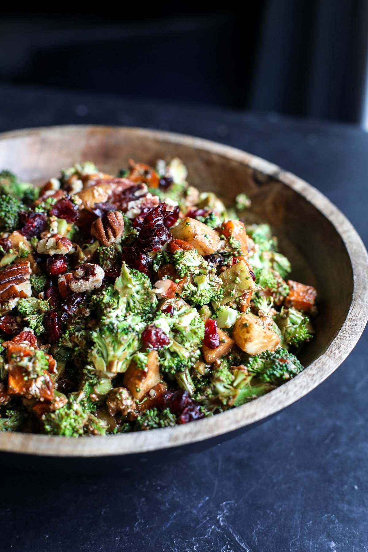 A perfect fall-inspired salad featuring roasted sweet potatoes, crunchy broccoli, and a tangy, creamy maple balsamic dressing.
