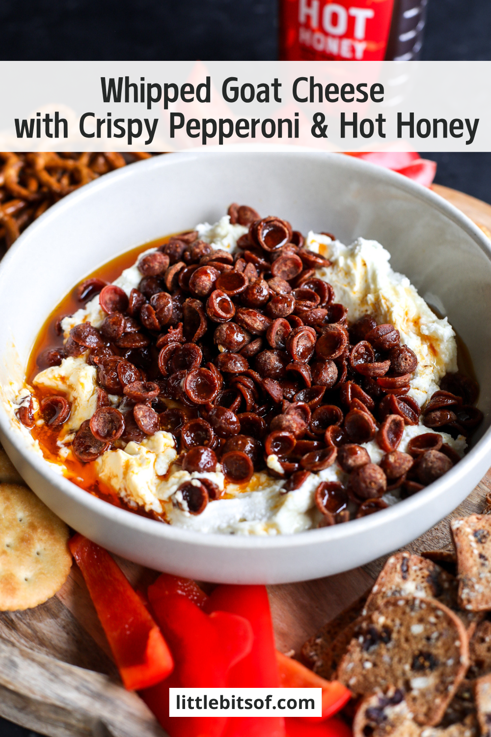 Sweet, spicy, and savory! Airy whipped goat cheese is paired with crunchy pepperoni and a fiery hot honey drizzle. The ultimate dip.