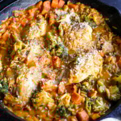 One-pan Harvest Orzo & Chicken Skillet! Flavorful boneless chicken, sweet potato, and broccoli simmered in autumn sauce with orzo.