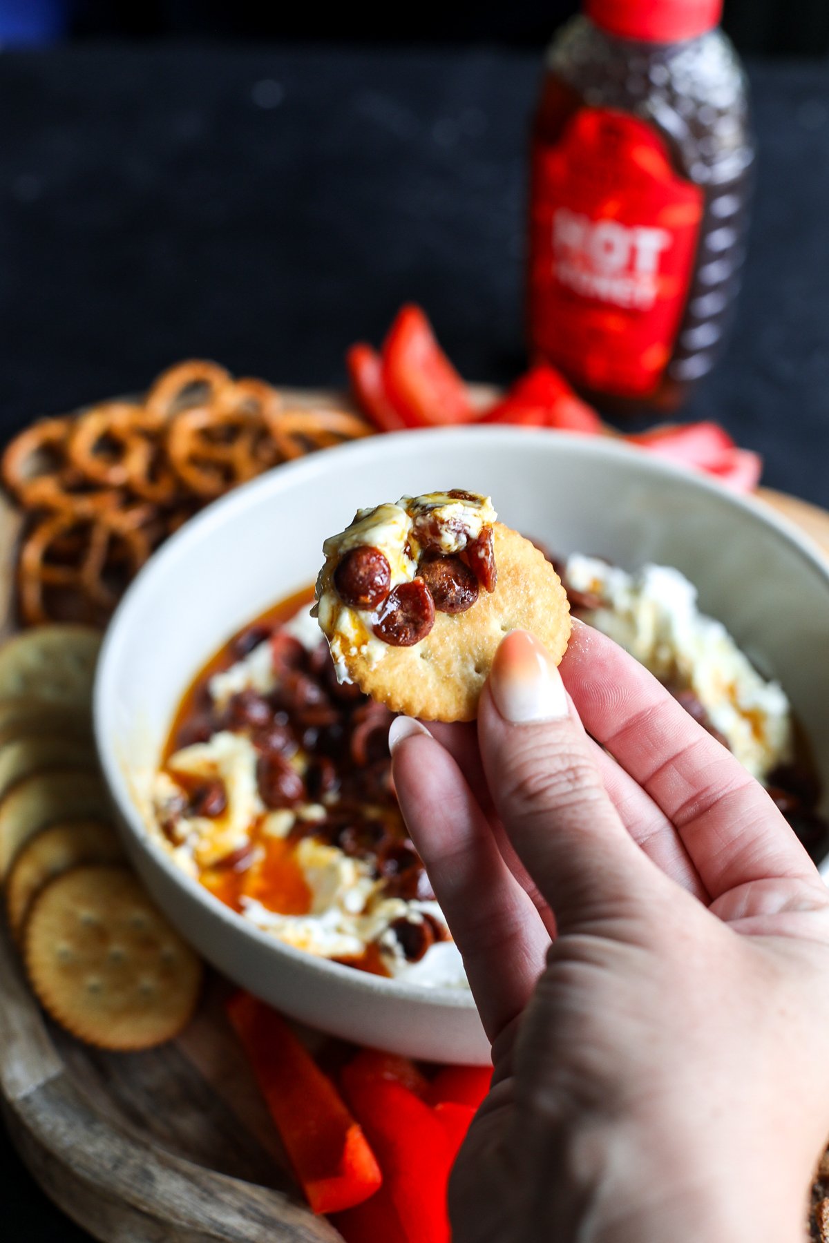 Sweet, spicy, and savory! Airy whipped goat cheese is paired with crunchy pepperoni and a fiery hot honey drizzle. The ultimate dip.