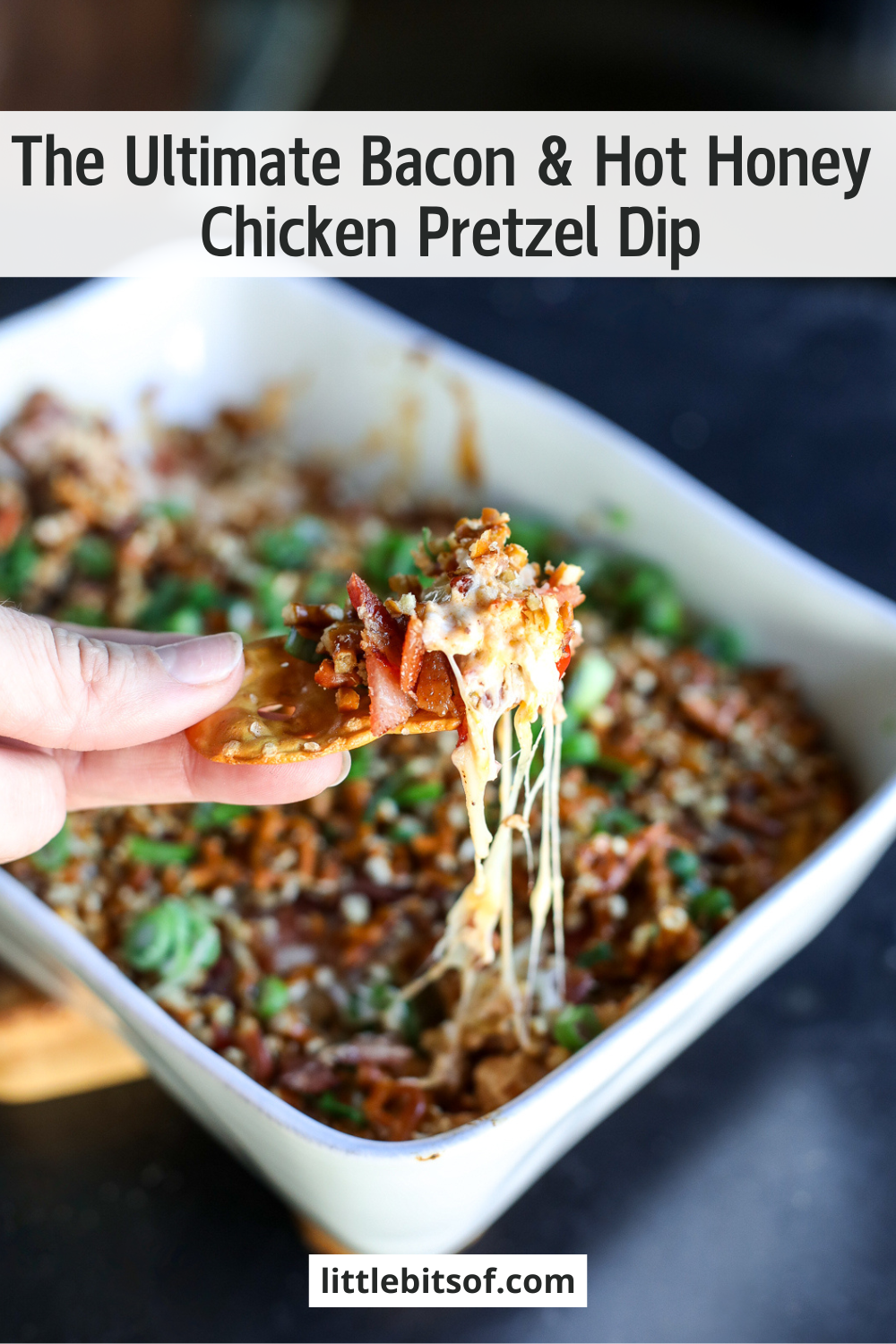 The ultimate party dip! Creamy hot honey chicken and bacon topped with a buttery, crunchy pretzel crust. Bake until gooey.