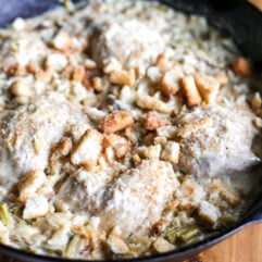 Turn Caesar salad into a cozy one-pan meal! Tender chicken, orzo, and asparagus in a creamy, savory dressing sauce.