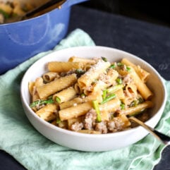 Upgrade your pasta night with this one-pot meal: Savory sausage, slow-cooked onions, and a creamy parmesan sauce.