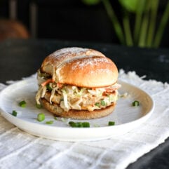 The ultimate fusion burger! Ginger-garlic chicken patties with a zesty Kewpie slaw and a kick of spicy chili crunch.