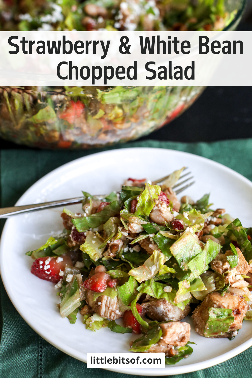 Healthy strawberry & white bean chopped salad with balsamic grilled chicken, pecans & goat cheese. Easy summer lunch!