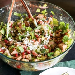 Healthy strawberry & white bean chopped salad with balsamic grilled chicken, pecans & goat cheese. Easy summer lunch!