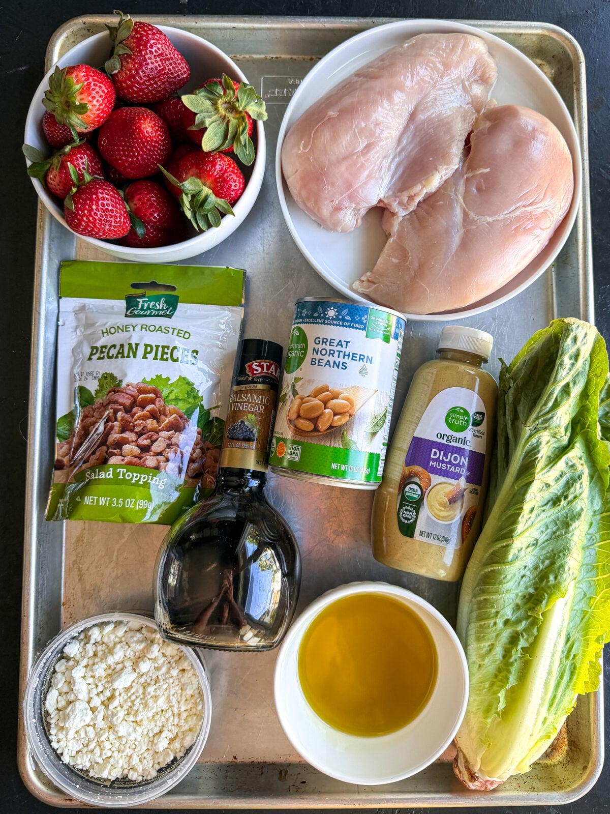 Healthy strawberry & white bean chopped salad with balsamic grilled chicken, pecans & goat cheese. Easy summer lunch!