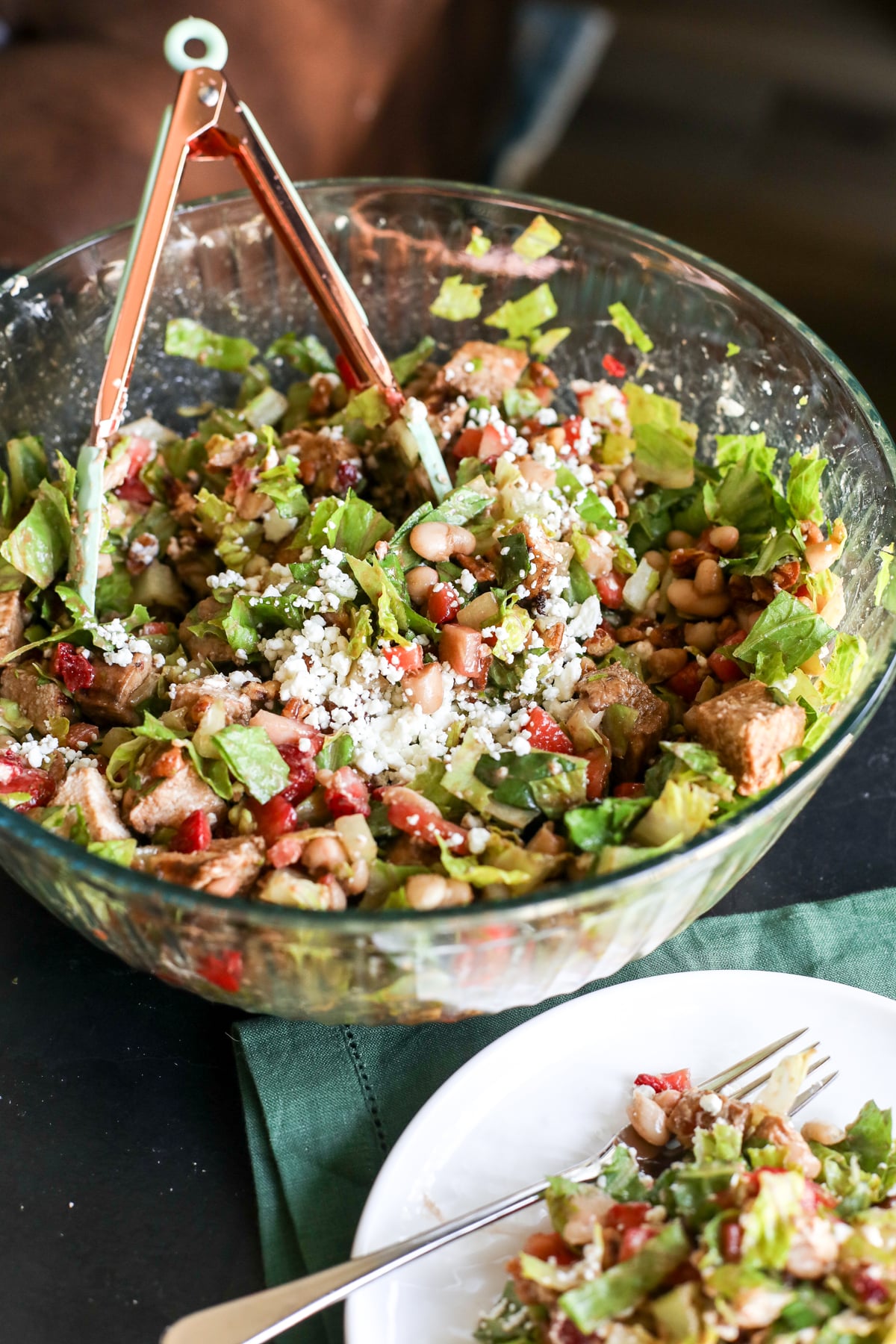 Healthy strawberry & white bean chopped salad with balsamic grilled chicken, pecans & goat cheese. Easy summer lunch!