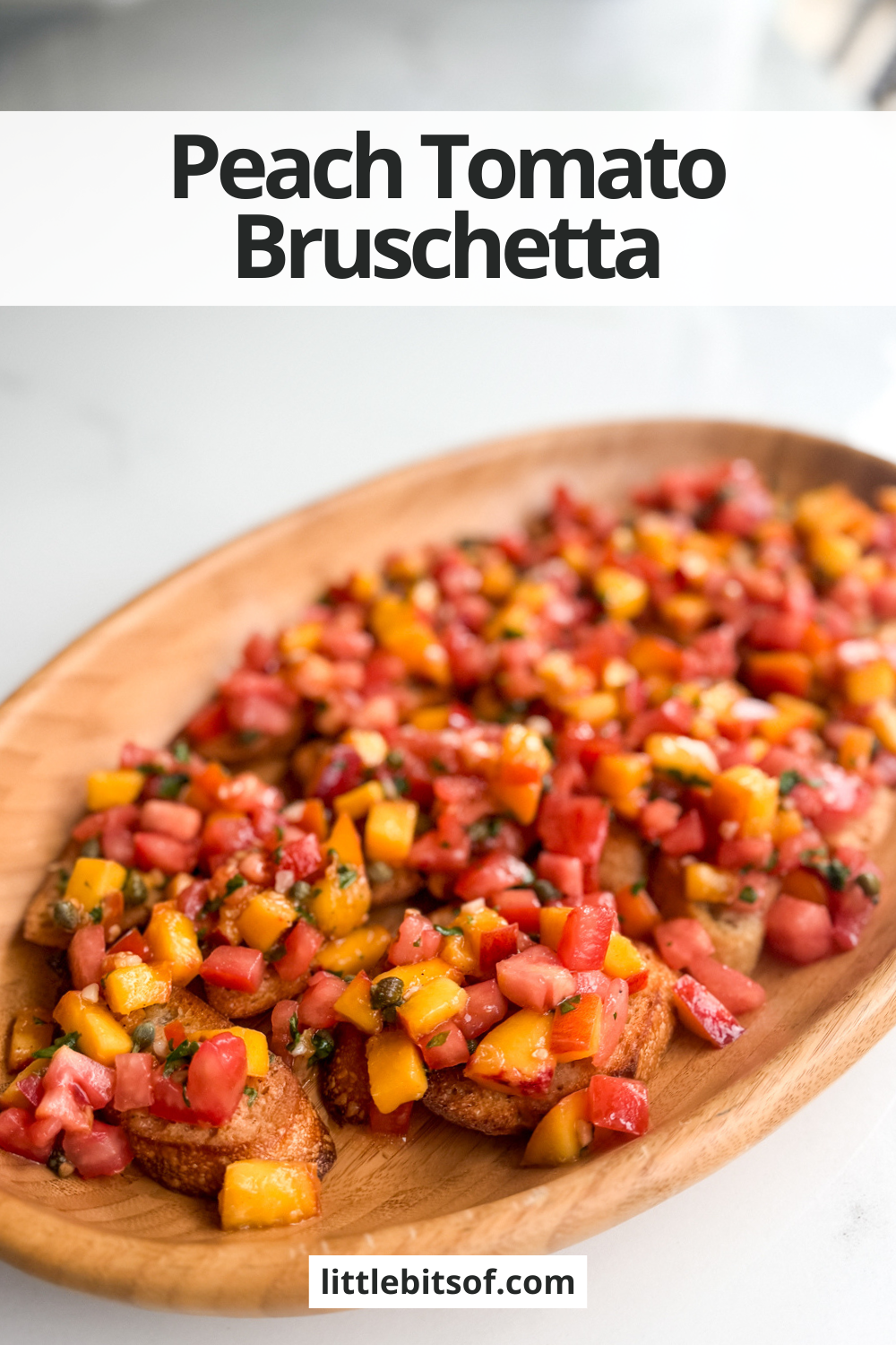 Fresh peach tomato bruschetta with basil and a tangy vinaigrette. An easy make-ahead appetizer for summer gatherings.