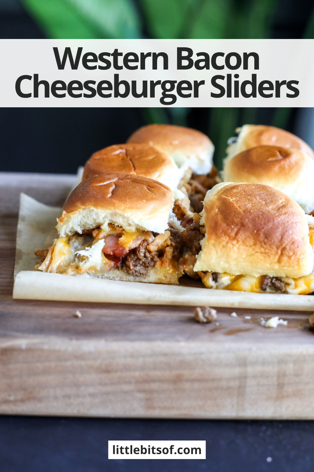 These Western Bacon Cheeseburger Sliders are packed with BBQ sauce, crispy bacon, cheddar cheese, and Hawaiian rolls—the ultimate easy game day recipe!