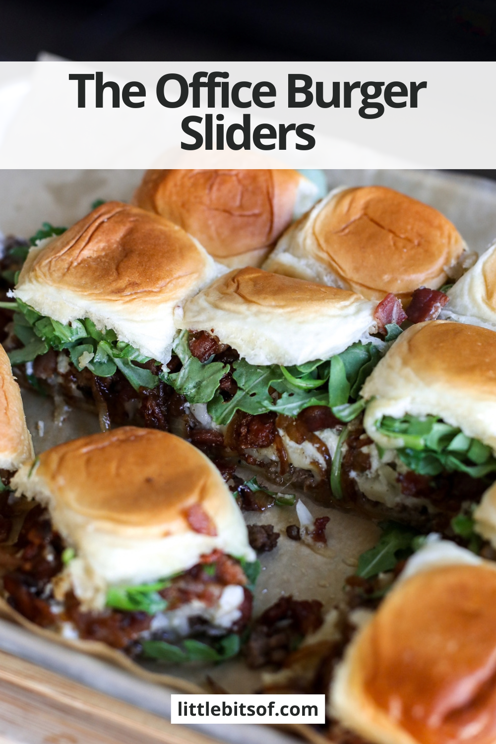 Office Burger Sliders loaded with bacon onion jam, Gruyère, blue cheese and arugula for an easy, flavor-packed twist on the iconic burger.