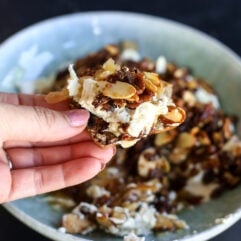 Creamy whipped goat cheese topped with caramelized onion jam, candied pecans, almonds, figs and hot honey. An easy, impressive holiday appetizer!