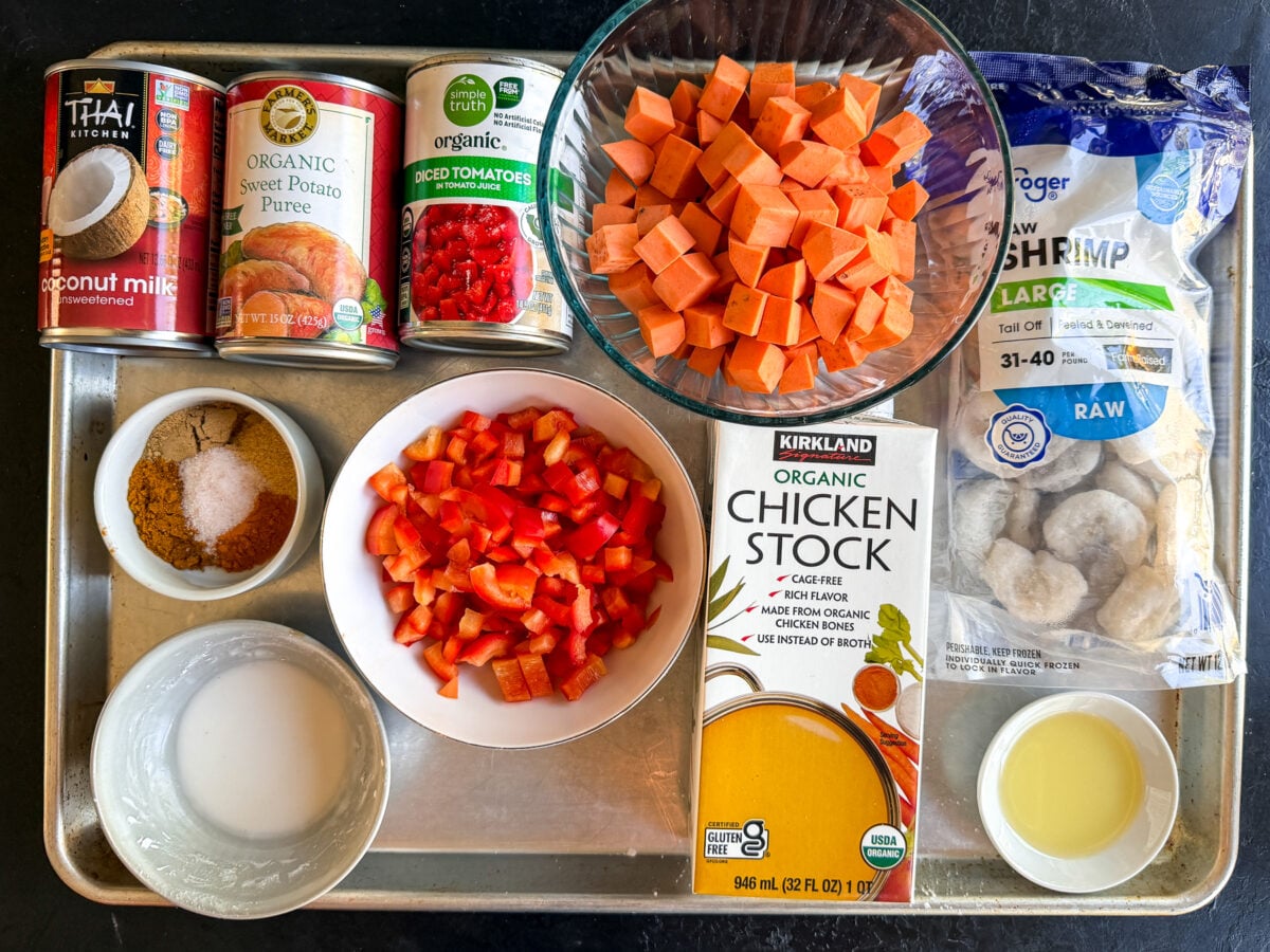 This Coconut Sweet Potato Shrimp Curry is a creamy, cozy one-pan dinner packed with shrimp, sweet potatoes and veggies in a flavorful coconut curry sauce.