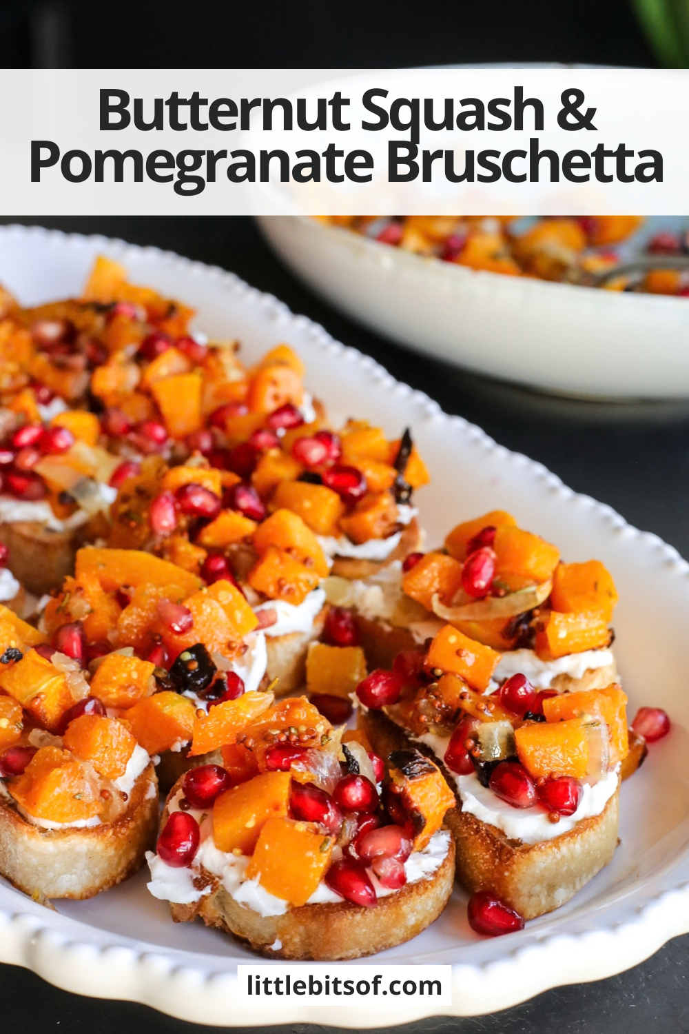 This Butternut Squash & Pomegranate Bruschetta is an easy holiday appetizer with creamy goat cheese, roasted squash and a tangy mustard dressing.